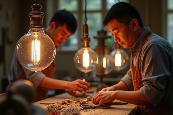 Master craftsmen at work in Akari chandelier workshop