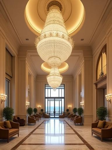 Grand hotel lobby with custom chandelier