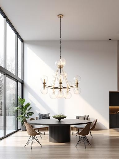 Modern residence featuring a bespoke chandelier
